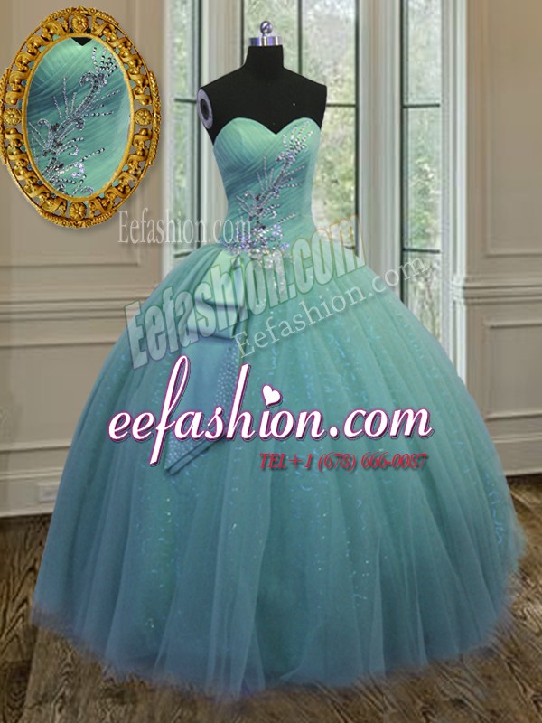 Adorable Turquoise Ball Gowns Beading and Ruching and Bowknot Quince Ball Gowns Lace Up Tulle Sleeveless Floor Length