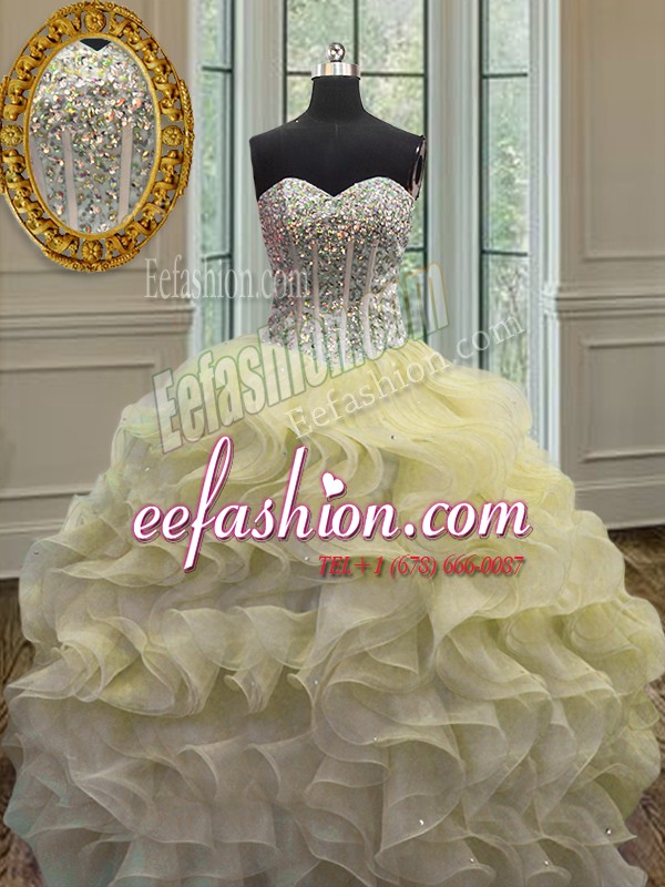  Sleeveless Organza Floor Length Lace Up 15th Birthday Dress in Light Yellow with Beading and Ruffles
