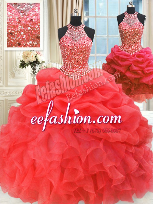 Designer Three Piece Red Lace Up 15 Quinceanera Dress Beading and Pick Ups Sleeveless Floor Length
