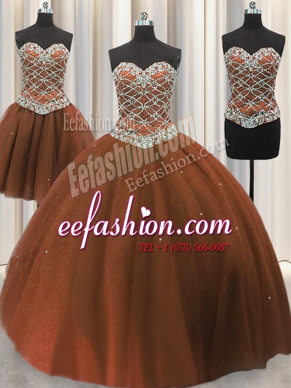 Luxury Three Piece Floor Length Lace Up Ball Gown Prom Dress Brown for Military Ball and Sweet 16 and Quinceanera with Beading and Sequins