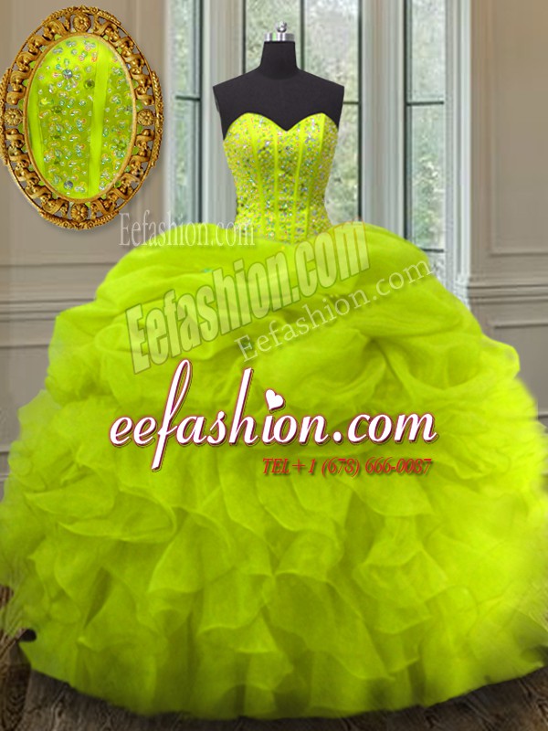 Glorious Yellow Green Organza Lace Up Quince Ball Gowns Sleeveless Floor Length Beading and Ruffles and Pick Ups