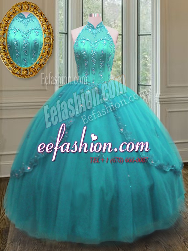  Aqua Blue Sleeveless Tulle Lace Up Sweet 16 Quinceanera Dress for Military Ball and Sweet 16 and Quinceanera
