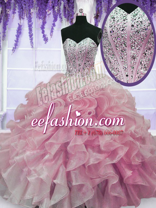  Rose Pink Sweetheart Lace Up Beading and Ruffles Quince Ball Gowns Sleeveless