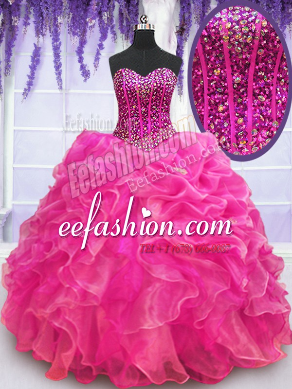 Custom Made Sleeveless Organza Floor Length Lace Up Quinceanera Gown in Hot Pink with Beading and Ruffles