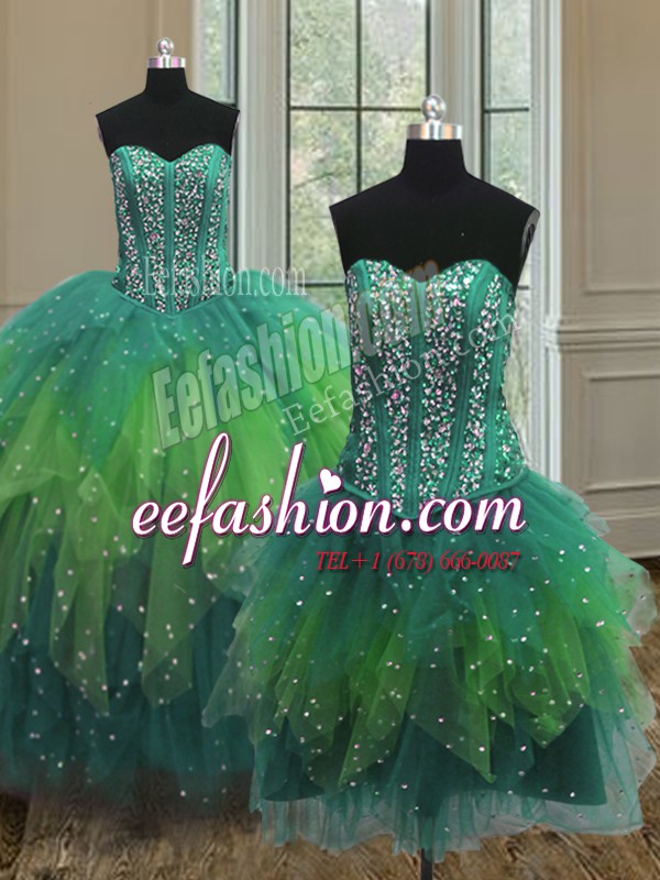 High Class Three Piece Floor Length Lace Up Quinceanera Gown Multi-color for Military Ball and Sweet 16 and Quinceanera with Beading