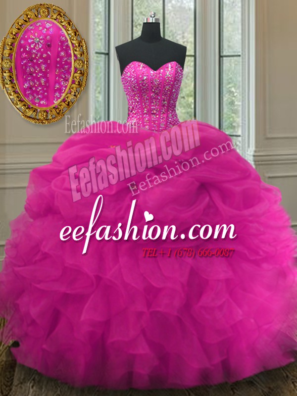  Organza Sleeveless Floor Length 15 Quinceanera Dress and Beading and Ruffles and Pick Ups
