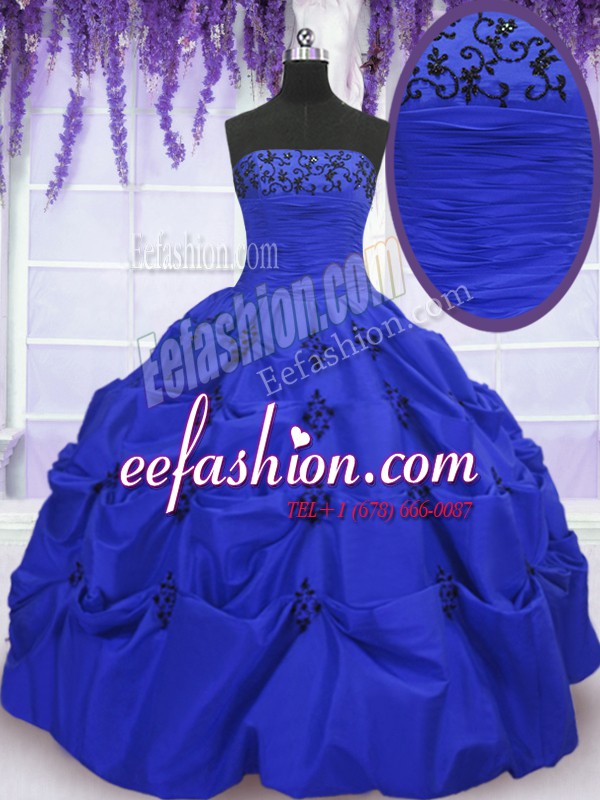 Discount Royal Blue Strapless Lace Up Embroidery and Pick Ups Quinceanera Dress Sleeveless