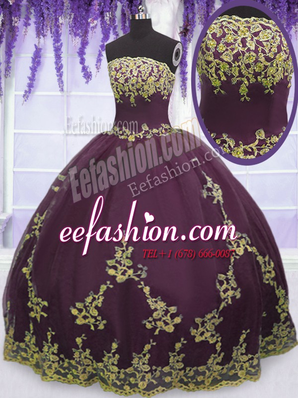 Clearance Purple Sleeveless Floor Length Appliques Zipper Quince Ball Gowns