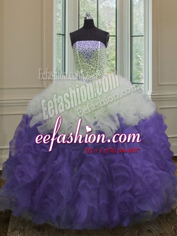  Sleeveless Organza Floor Length Lace Up Vestidos de Quinceanera in White And Purple with Beading and Ruffles