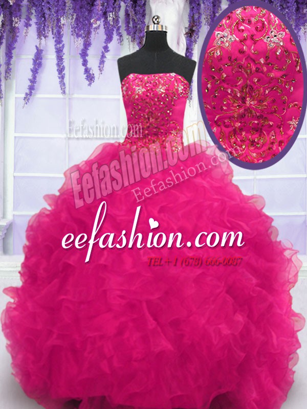 Fine Organza Strapless Sleeveless Brush Train Lace Up Beading and Ruffles 15 Quinceanera Dress in Fuchsia