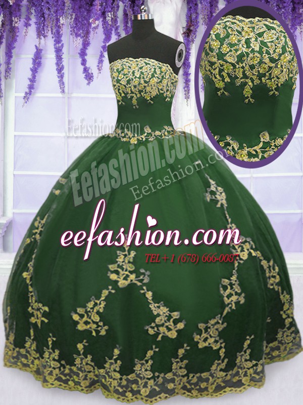 Edgy Dark Green Quinceanera Gown Military Ball and Sweet 16 and Quinceanera and For with Appliques Strapless Sleeveless Zipper