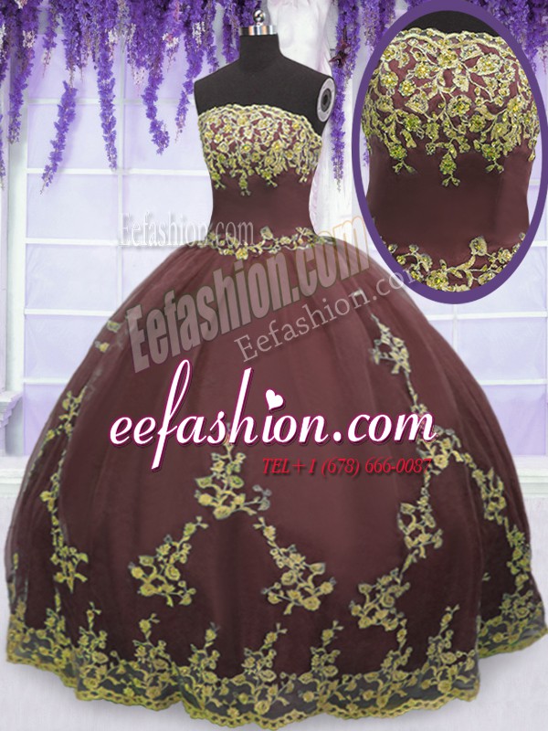 High Class Floor Length Chocolate Quince Ball Gowns Strapless Sleeveless Zipper