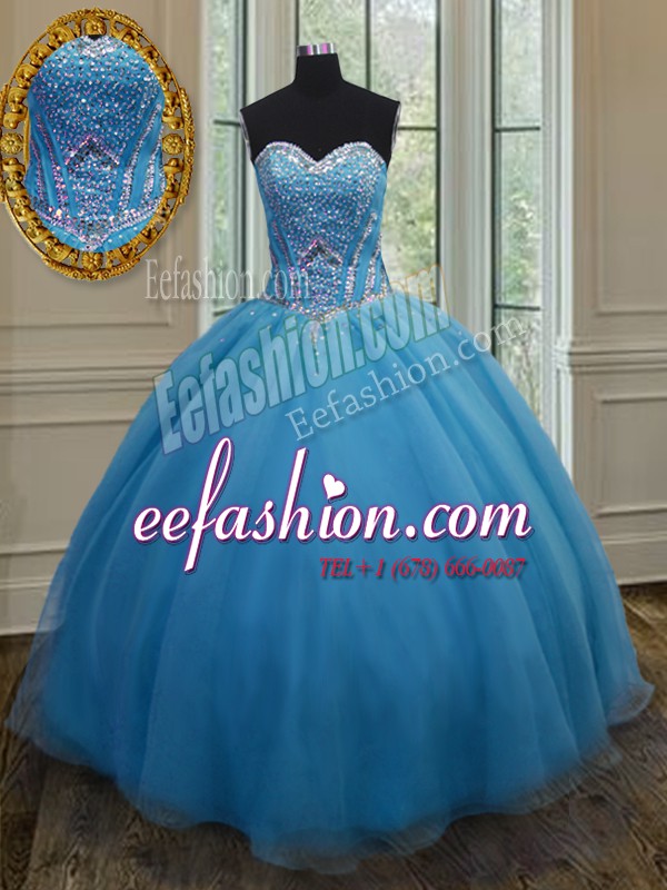 Fabulous Baby Blue Ball Gowns Sweetheart Sleeveless Organza Floor Length Lace Up Beading and Belt Sweet 16 Quinceanera Dress