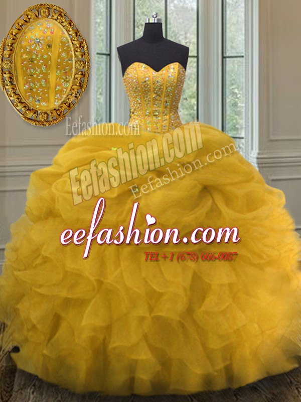 Most Popular Floor Length Lace Up Quince Ball Gowns Gold for Military Ball and Sweet 16 and Quinceanera with Beading and Ruffles and Pick Ups