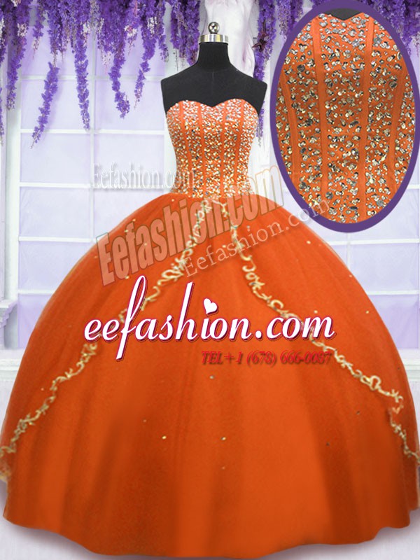  Orange Red Lace Up Sweetheart Beading Quinceanera Gowns Tulle Sleeveless