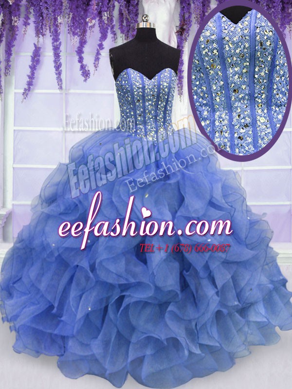  Floor Length Blue Quinceanera Dress Organza Sleeveless Beading and Ruffles