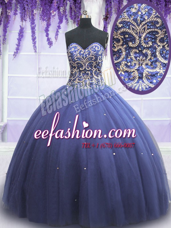 Deluxe Purple Quinceanera Gown Military Ball and Sweet 16 and Quinceanera and For with Beading Sweetheart Sleeveless Lace Up