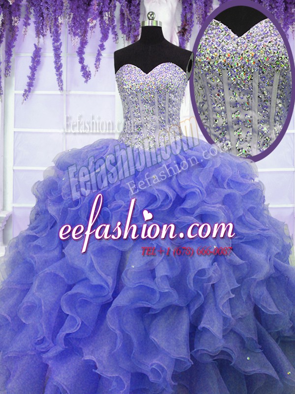  Purple Organza Lace Up Sweetheart Sleeveless Floor Length Quince Ball Gowns Ruffles and Sequins