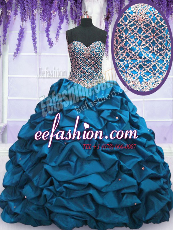  Blue Ball Gowns Sweetheart Sleeveless Taffeta Floor Length Lace Up Beading and Sequins and Pick Ups Quinceanera Dress