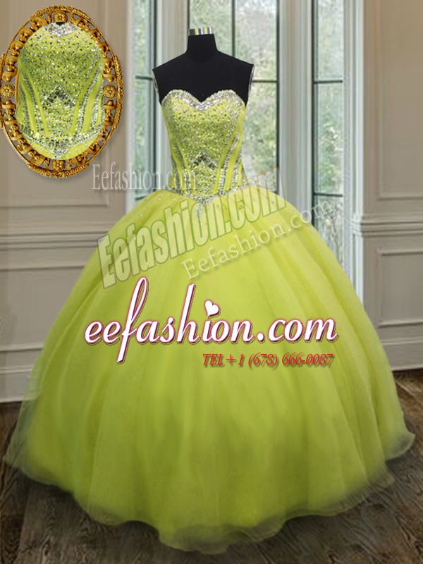  Organza Sweetheart Sleeveless Lace Up Beading and Belt Quinceanera Dresses in Yellow Green