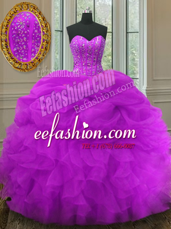 On Sale Sleeveless Organza Floor Length Lace Up Quinceanera Dress in Fuchsia with Beading and Ruffles and Pick Ups
