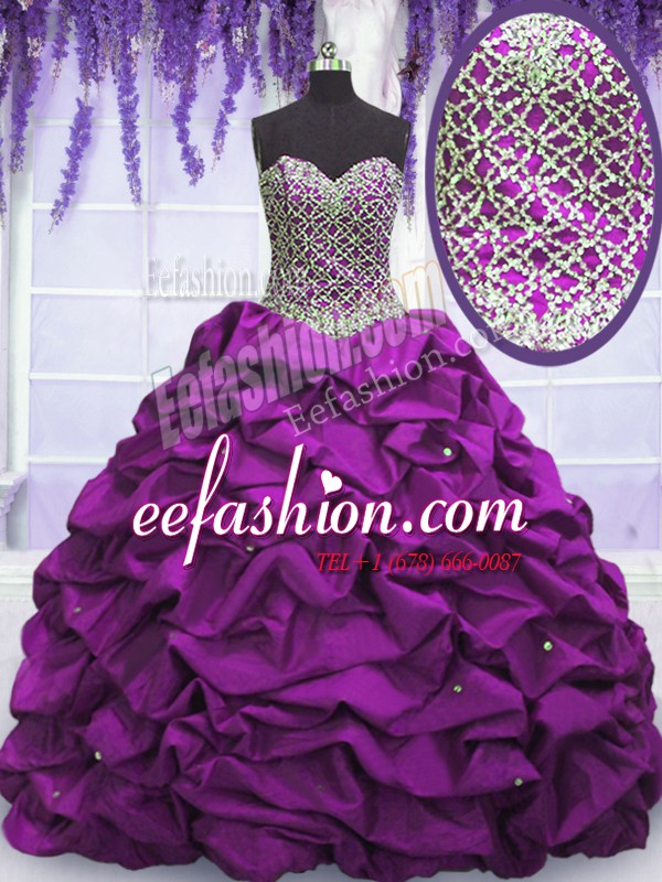  Floor Length Purple Quince Ball Gowns Taffeta Sleeveless Beading and Sequins and Pick Ups