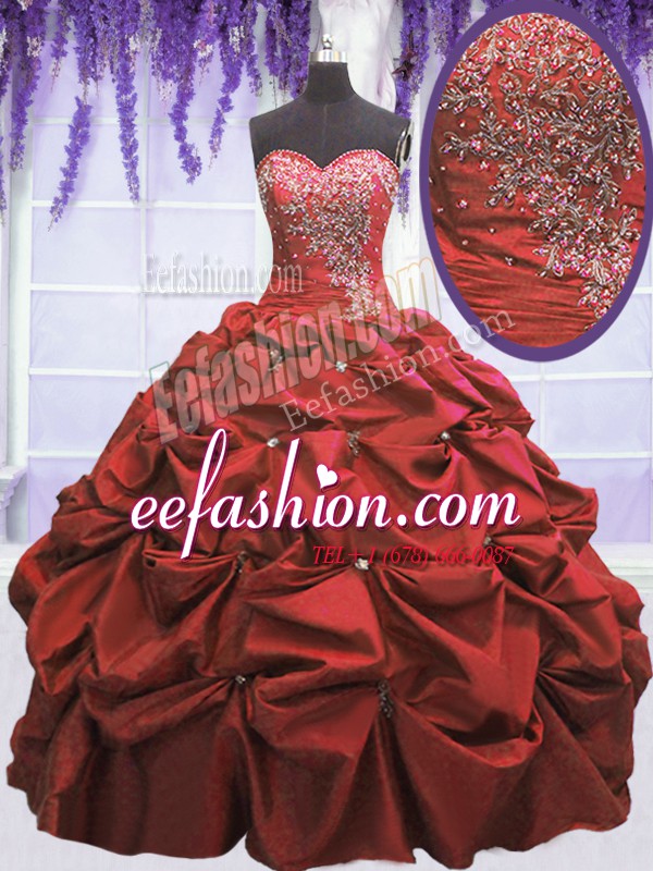 On Sale Coral Red Ball Gowns Sweetheart Sleeveless Taffeta Floor Length Lace Up Beading and Pick Ups Quinceanera Dress