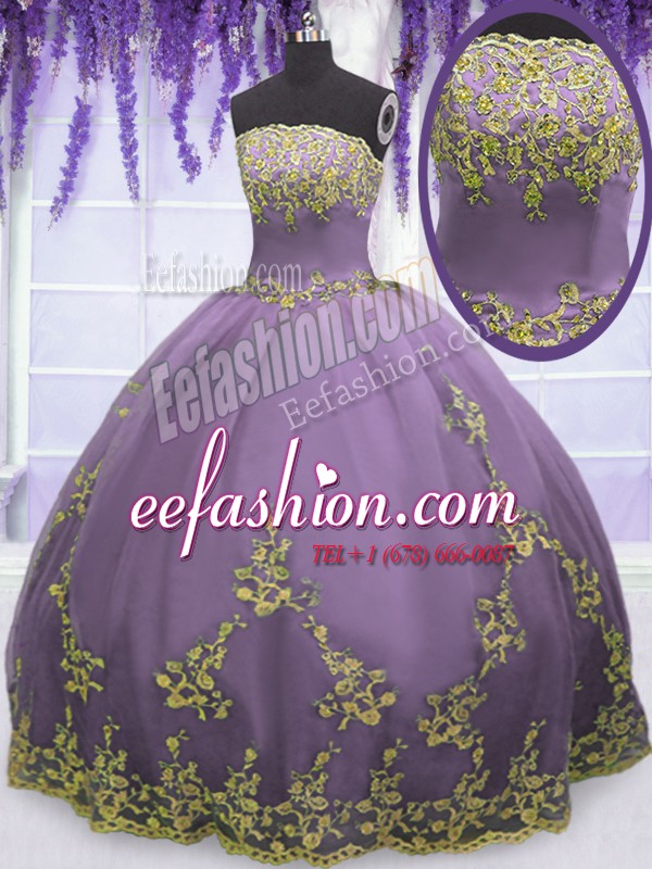 Modest Tulle Strapless Sleeveless Zipper Appliques Sweet 16 Quinceanera Dress in Lavender