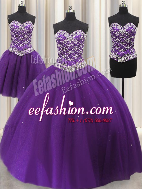 Sexy Three Piece Eggplant Purple Ball Gowns Tulle Sweetheart Sleeveless Beading and Sequins Floor Length Lace Up Quinceanera Dress