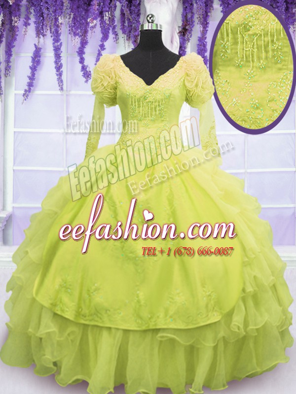 On Sale Yellow Green Ball Gowns Organza V-neck Sleeveless Beading and Embroidery and Ruffles Floor Length Lace Up Sweet 16 Dress