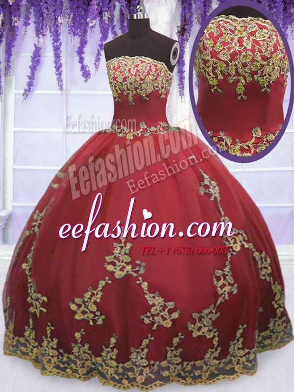  Floor Length Coral Red Quinceanera Dress Tulle Sleeveless Appliques