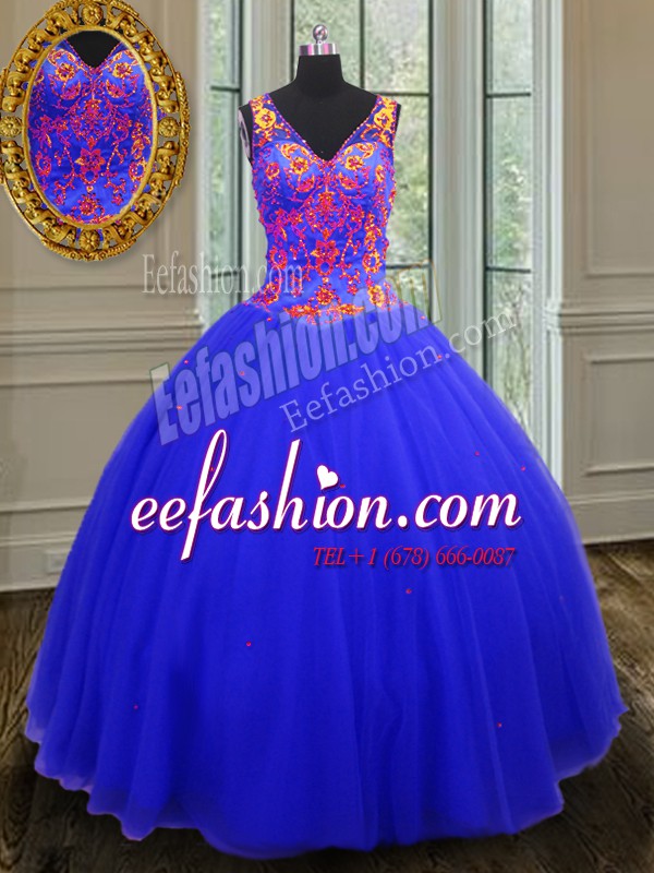 Simple Floor Length Royal Blue 15 Quinceanera Dress Tulle Sleeveless Beading and Sequins