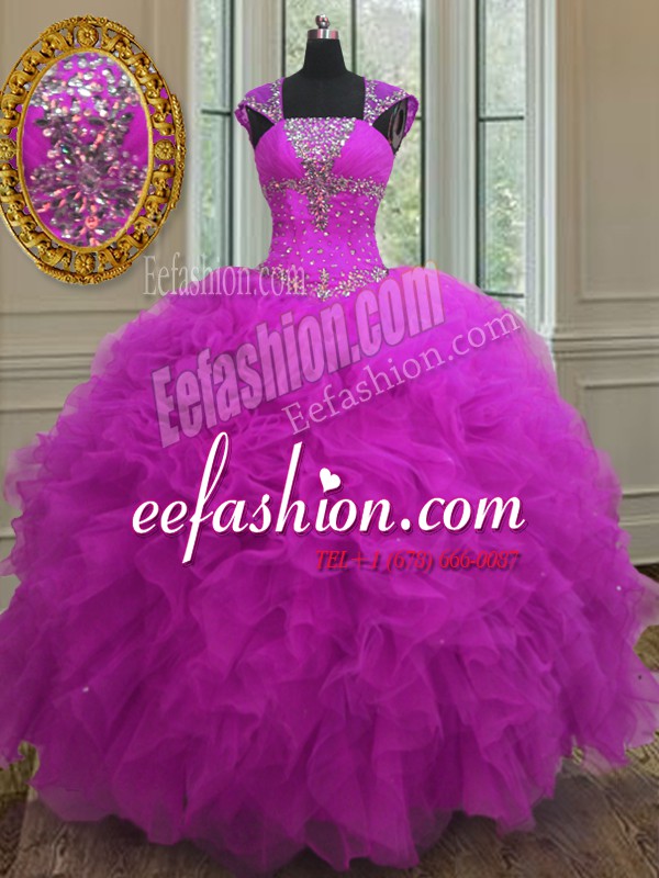 Elegant Straps Sleeveless Lace Up Floor Length Beading and Ruffles and Sequins Quince Ball Gowns