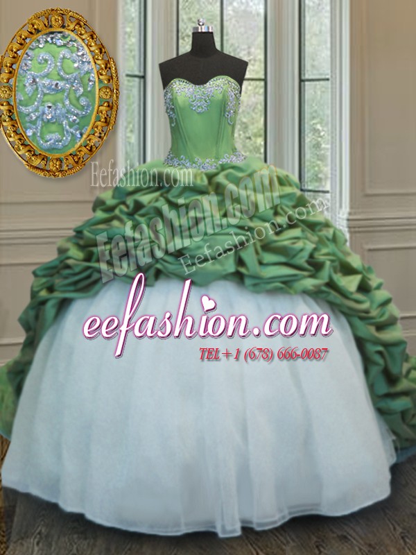  Green Ball Gowns Organza and Taffeta Sweetheart Sleeveless Beading and Appliques and Pick Ups With Train Lace Up Ball Gown Prom Dress Sweep Train