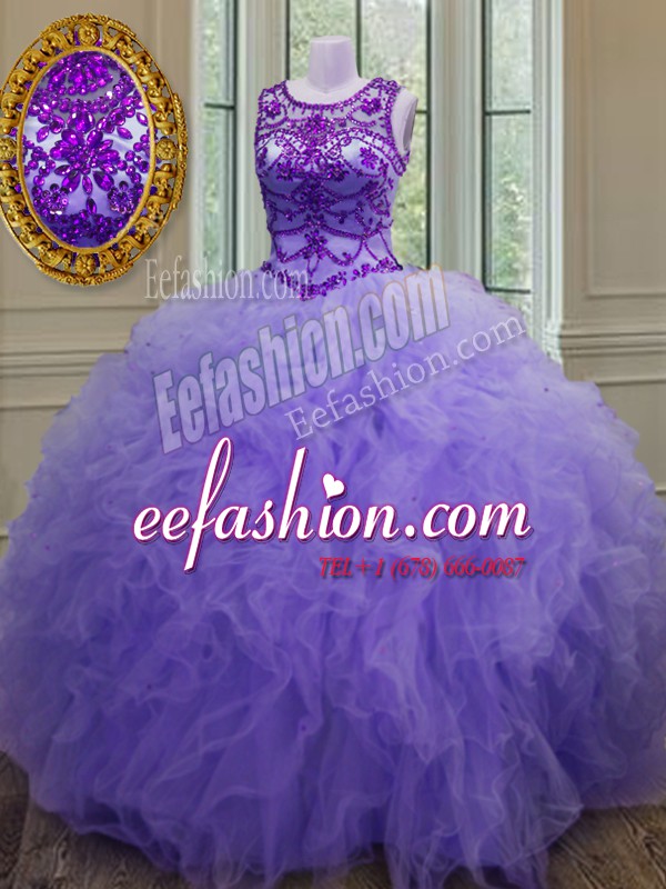 Nice Lavender Tulle Lace Up Vestidos de Quinceanera Sleeveless Floor Length Beading and Ruffles