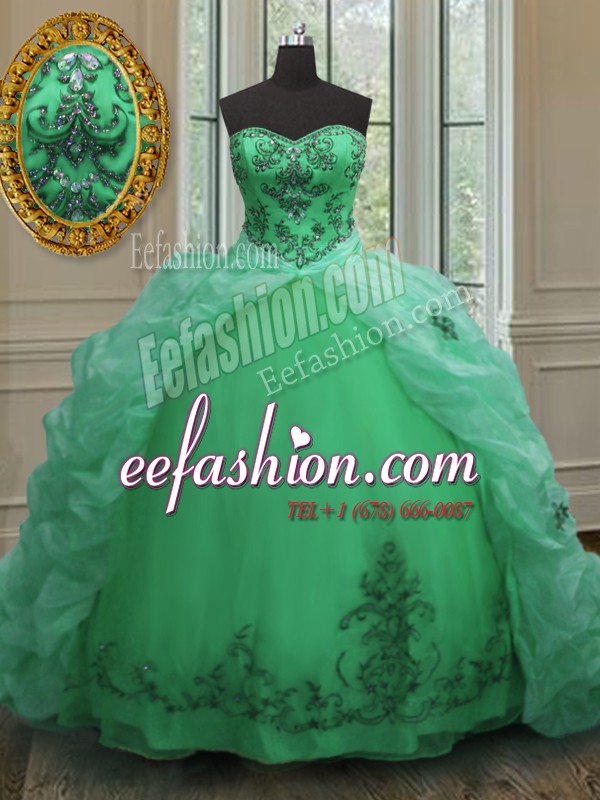 Custom Fit Organza Sleeveless With Train 15 Quinceanera Dress Court Train and Beading and Appliques and Pick Ups