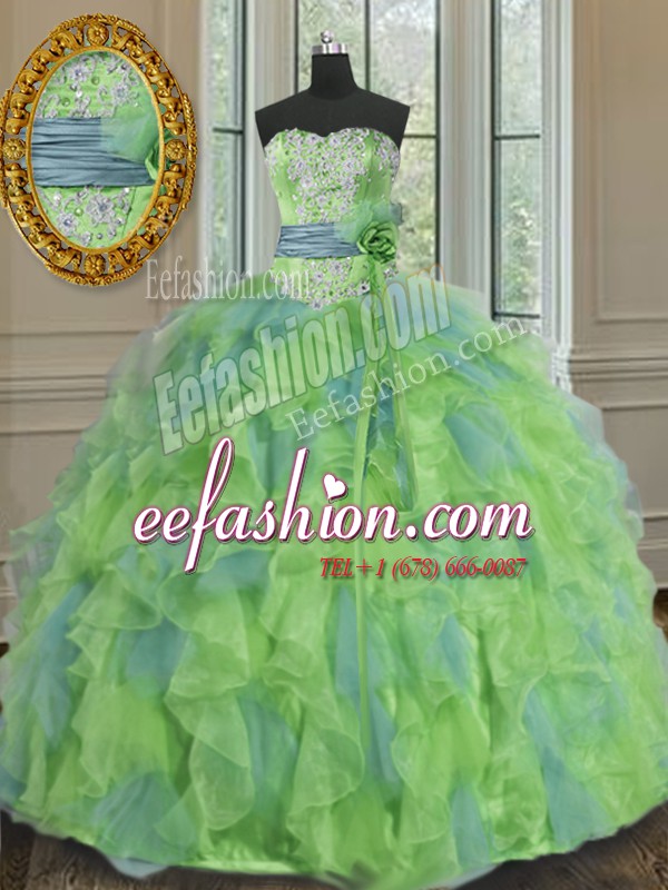  Floor Length Lace Up Ball Gown Prom Dress Multi-color for Military Ball and Sweet 16 and Quinceanera with Beading and Appliques and Ruffles and Sashes ribbons and Hand Made Flower