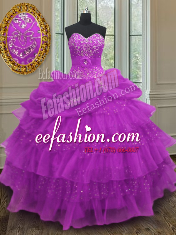  Purple Ball Gowns Halter Top Sleeveless Organza Floor Length Lace Up Beading and Ruffled Layers and Pick Ups Quince Ball Gowns