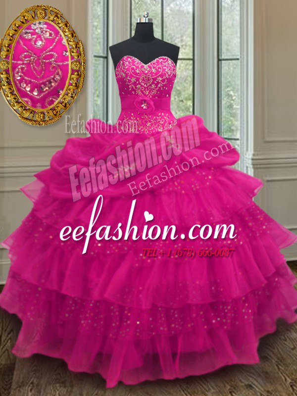 Customized Fuchsia Lace Up Sweetheart Beading and Ruffled Layers and Sequins and Pick Ups Sweet 16 Quinceanera Dress Organza and Sequined Sleeveless