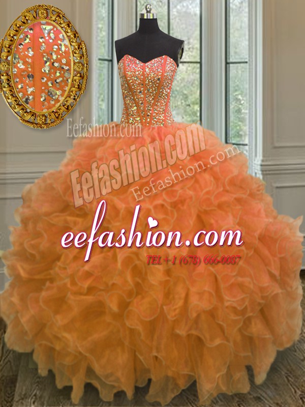 Beauteous Orange Sweetheart Neckline Beading and Ruffles Quinceanera Gowns Sleeveless Lace Up