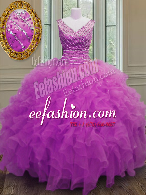New Arrival Sleeveless Organza Floor Length Zipper Quince Ball Gowns in Fuchsia with Beading and Ruffles