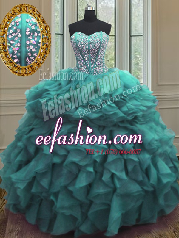 Delicate Turquoise Sweetheart Neckline Beading and Ruffles 15 Quinceanera Dress Sleeveless Lace Up