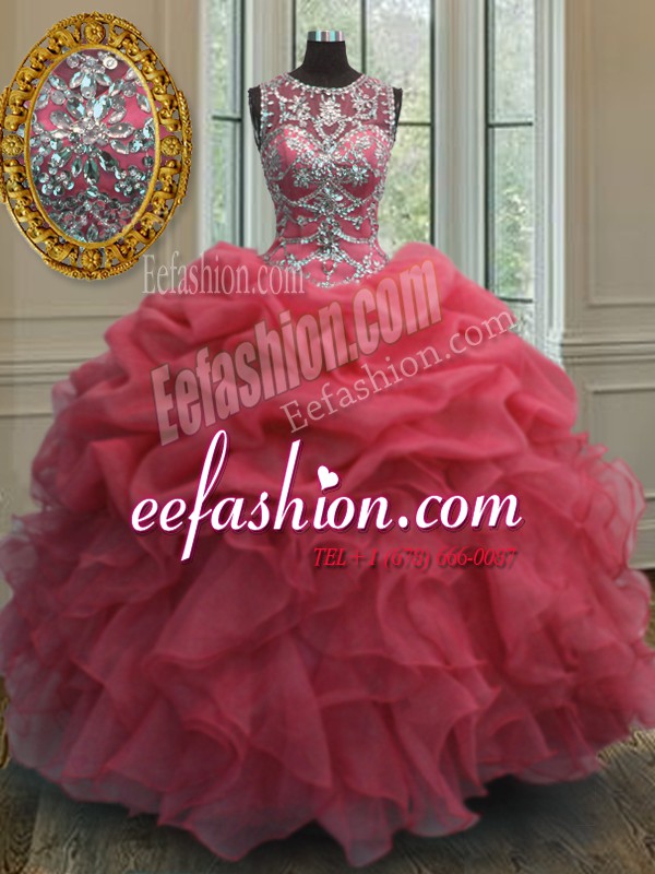  Pick Ups Ball Gowns Sweet 16 Dress Coral Red Scoop Organza Sleeveless Floor Length Lace Up