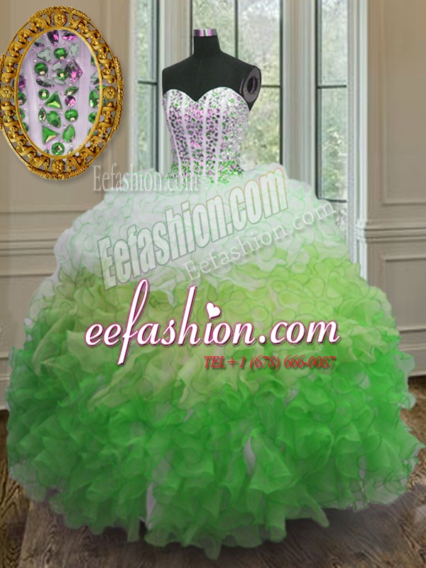 Glittering Multi-color Ball Gowns Beading and Ruffles and Sashes ribbons Sweet 16 Dresses Lace Up Organza Sleeveless Floor Length