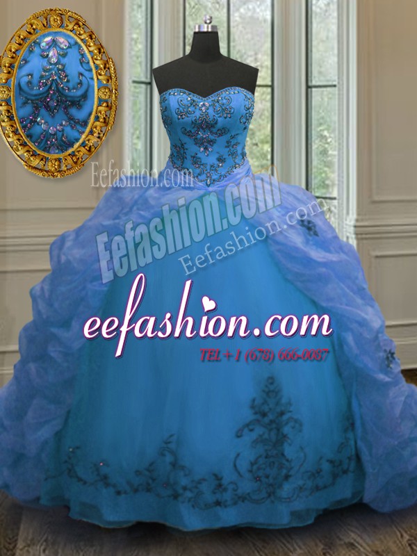  With Train Blue Ball Gown Prom Dress Organza Court Train Sleeveless Beading and Embroidery and Pick Ups