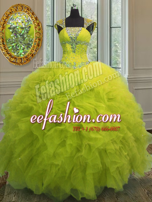  Straps Cap Sleeves Floor Length Lace Up 15 Quinceanera Dress Yellow Green for Military Ball and Sweet 16 and Quinceanera with Beading and Ruffles and Sequins
