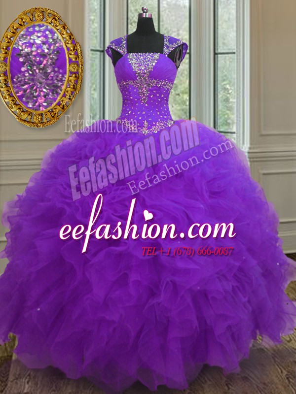 Best Selling Purple Organza Lace Up Straps Cap Sleeves Floor Length Vestidos de Quinceanera Beading and Ruffles and Sequins