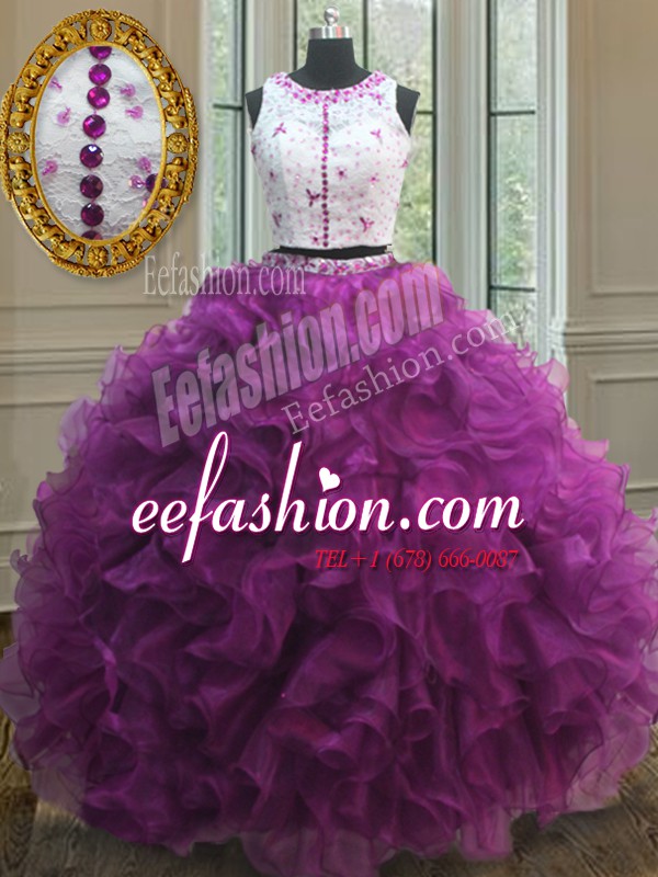  Scoop Clasp Handle Fuchsia Sleeveless Appliques and Ruffles Floor Length Quinceanera Dress