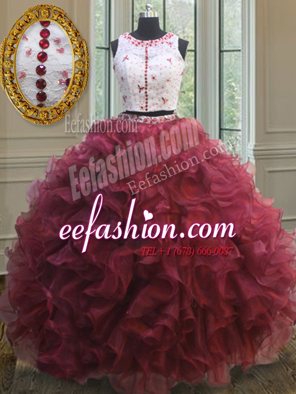 Custom Made Red Clasp Handle Scoop Appliques and Ruffles 15th Birthday Dress Organza Sleeveless
