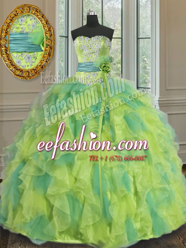 Charming Multi-color Sleeveless Beading and Appliques and Ruffles and Sashes ribbons and Hand Made Flower Floor Length Sweet 16 Quinceanera Dress